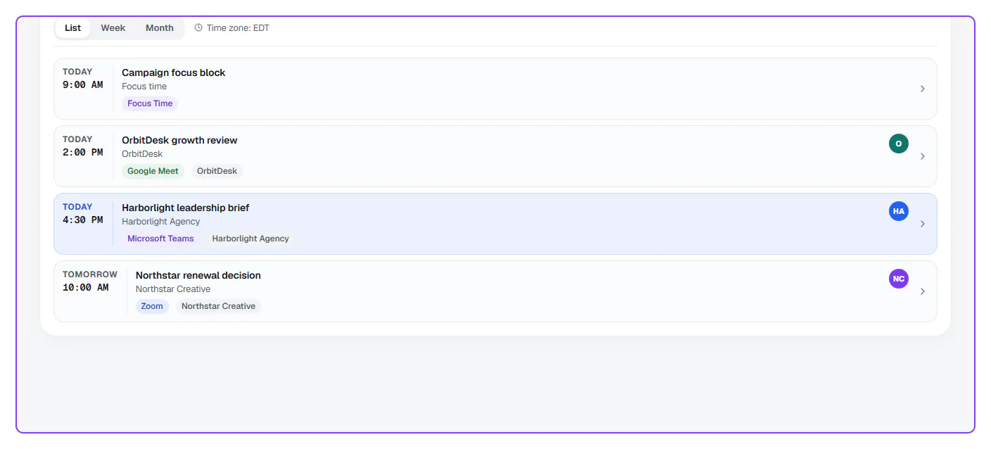 Offiqa work calendar screenshot showing meetings, focus time, and upcoming work blocks.