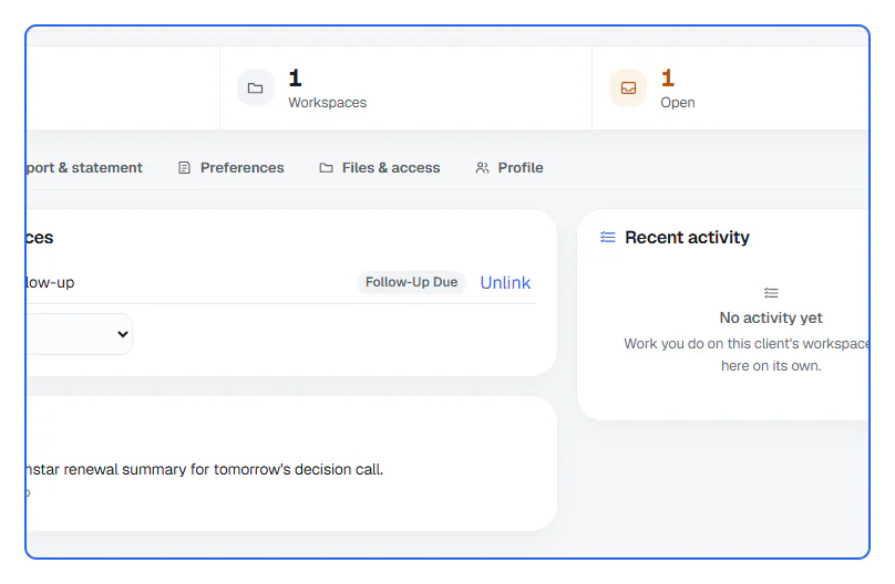 Offiqa client workspace screenshot showing linked workspaces for client project work.