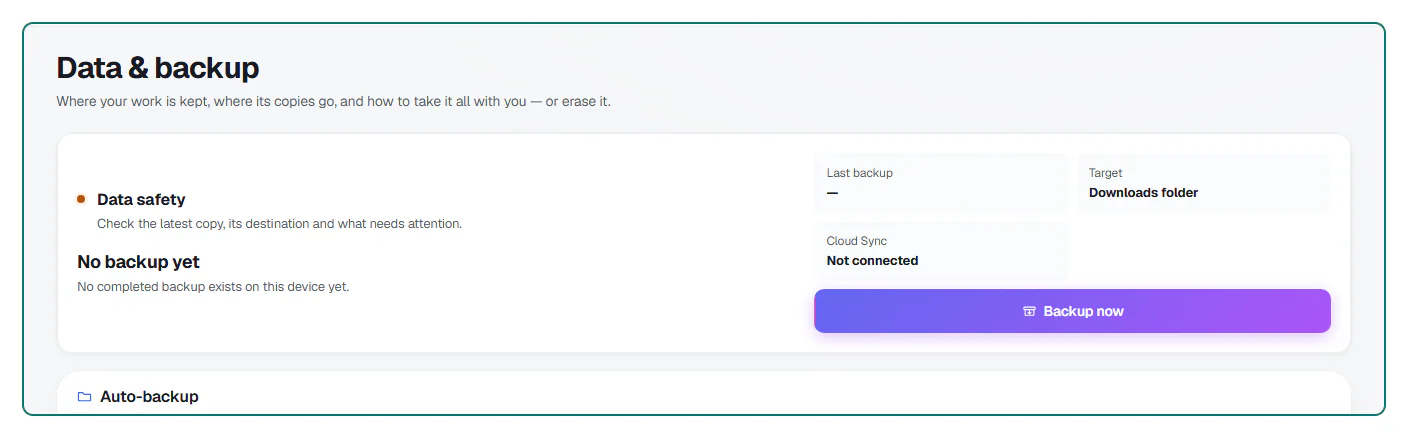 Offiqa Data and backup screenshot showing data safety and backup controls.