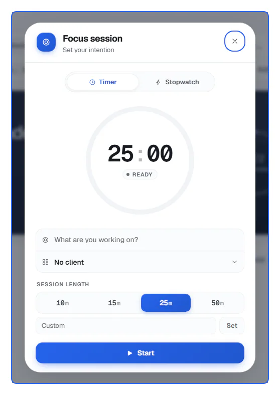 Offiqa focus timer screenshot showing a 25-minute focus session ready to start.