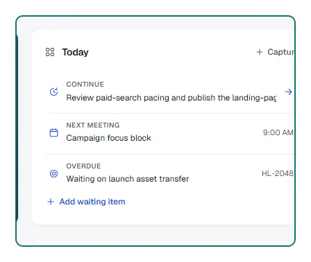 Offiqa Today Focus screenshot showing the daily work priorities supported by the product.
