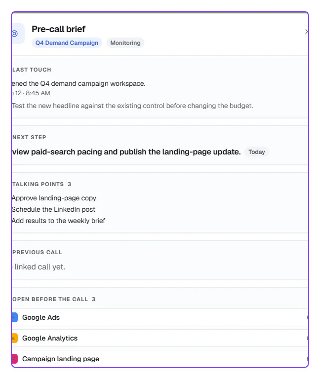 Offiqa pre-call brief screenshot showing meeting context, talking points, and links to open.
