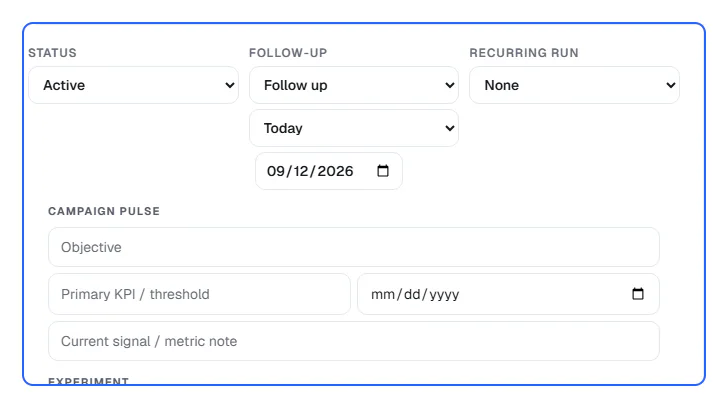 Offiqa workspace screenshot showing a saved work context with a clear next action.