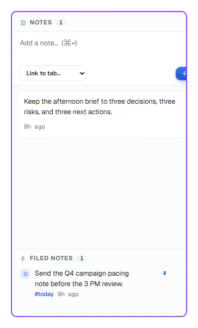 Offiqa workspace session screenshot showing linked tabs, notes, and the next action for resuming work.